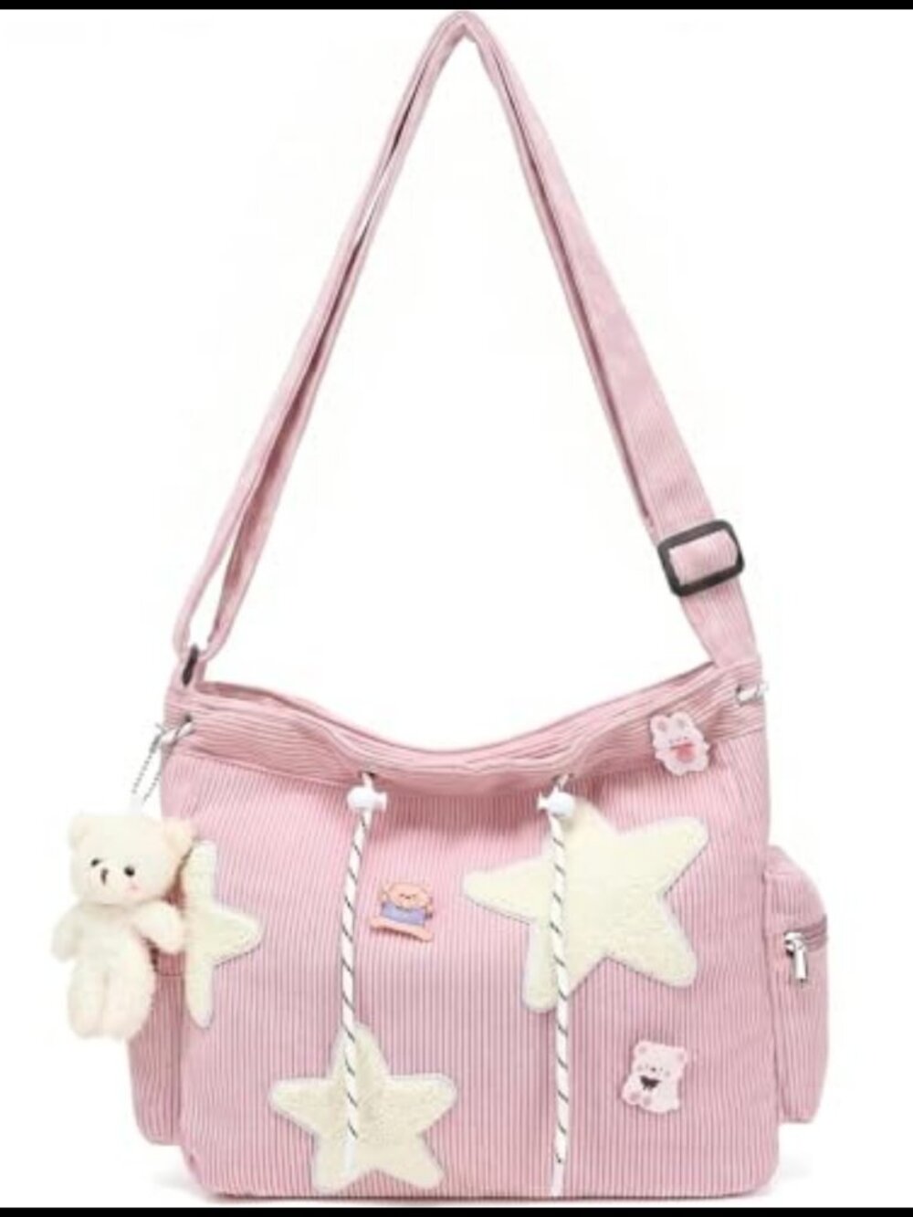 Corduroy Star Tote Bag Kawaii Crossbody Shoulder Purse with Pins Bear Charm